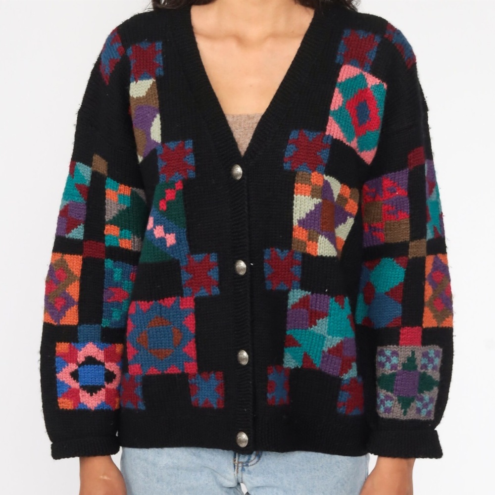 L.L. Bean Black Multicolor Patchwork Cardigan - image 1